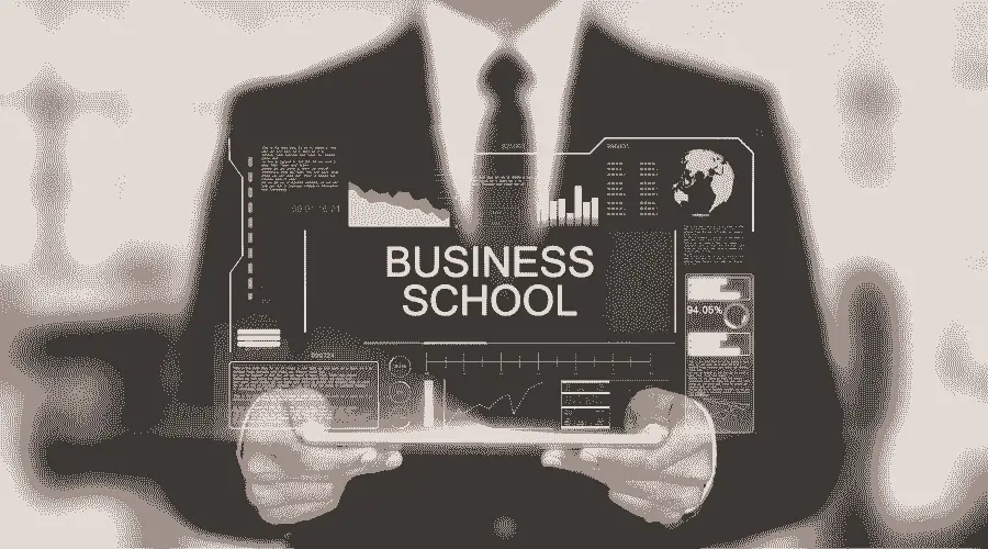 Embedded is a graphic of a man holding up a business school sign